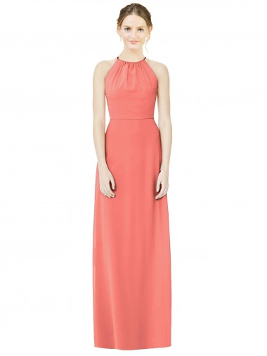Soft Chiffon Open Back Long Halter Neck Coral A-Line Bridesmaid Dress Sudbury