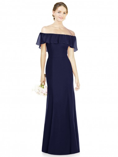 Soft Chiffon Long Off the Shoulder Dark Navy Trumpet Bridesmaid Dress Sudbury