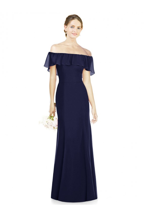 Soft Chiffon Long Off the Shoulder Dark Navy Trumpet Bridesmaid Dress Sudbury
