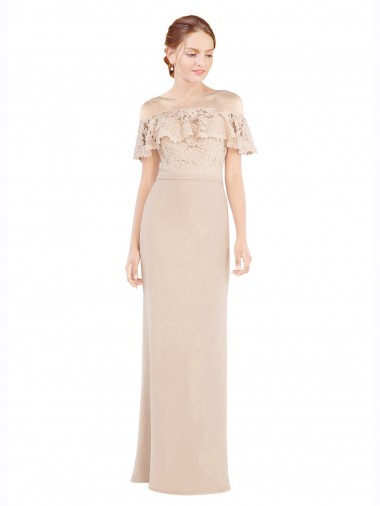Soft Chiffon & Lace Long Off the Shoulder Champagne A-Line Prom Dress / Bridesmaid Dress Sudbury