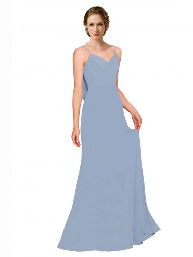 Chiffon Long Spaghetti Straps Dusty Blue A-Line Bridesmaid Dress / Evening Dress Sudbury