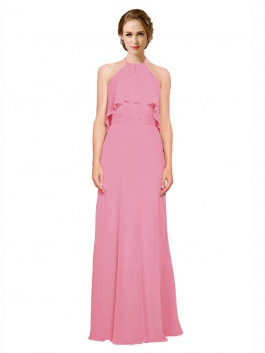 Soft Chiffon Low Back Long Halter Neck Skin Pink A-Line Bridesmaid Dress Sudbury