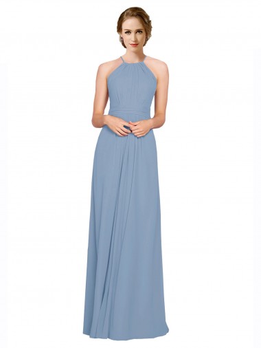 Chiffon Criss Cross Open Back Long Halter Neck Dusty Blue A-Line Bridesmaid Dress / Evening Dress Sudbury