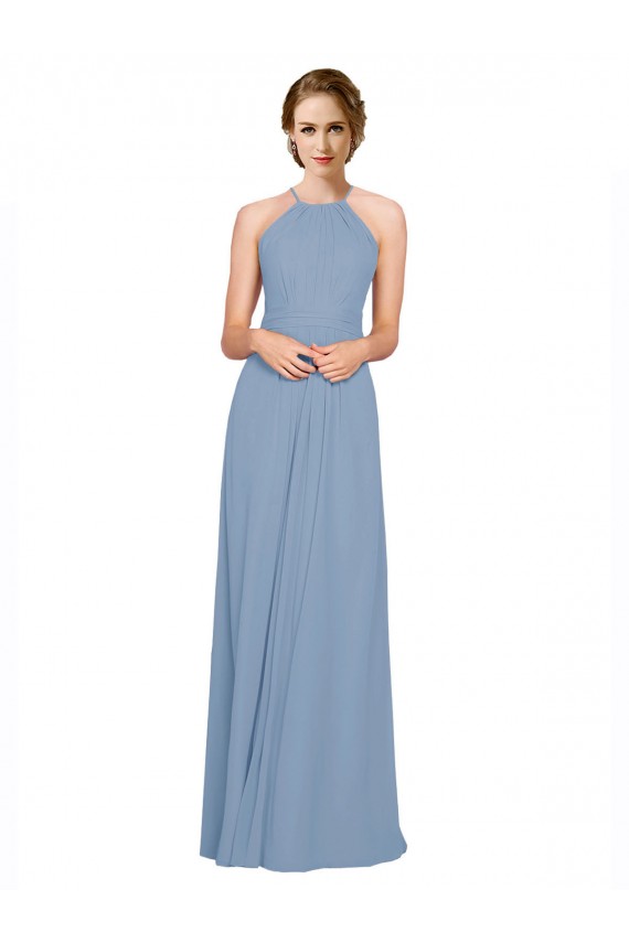 Chiffon Criss Cross Open Back Long Halter Neck Dusty Blue A-Line Bridesmaid Dress / Evening Dress Sudbury