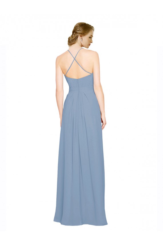 Chiffon Criss Cross Open Back Long Halter Neck Dusty Blue A-Line Bridesmaid Dress / Evening Dress Sudbury