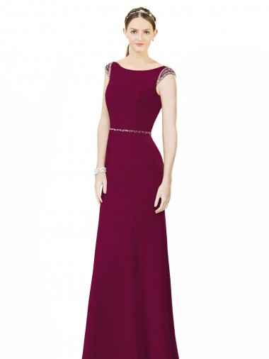 Soft Chiffon Low Back Long Boat Neck Burgundy A-Line Bridesmaid Dress Sudbury