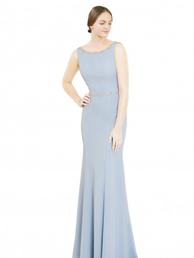 Soft Chiffon Low Back Long Boat Neck Light Sky Blue A-Line Bridesmaid Dress Sudbury