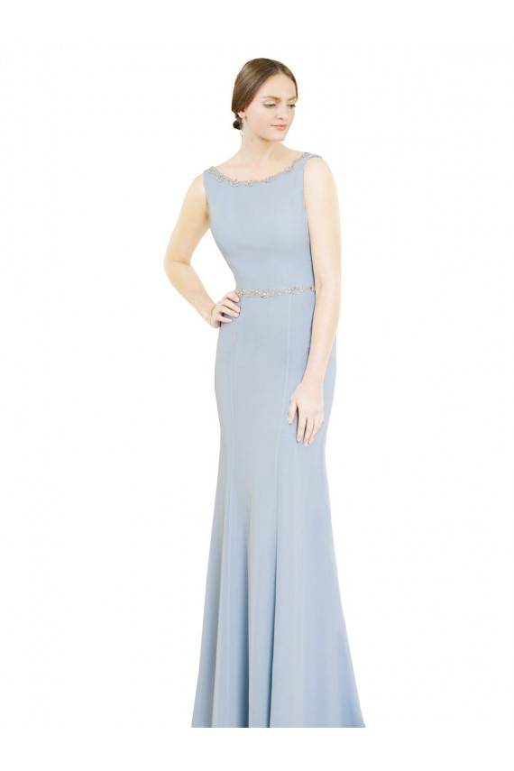 Soft Chiffon Low Back Long Boat Neck Light Sky Blue A-Line Bridesmaid Dress Sudbury