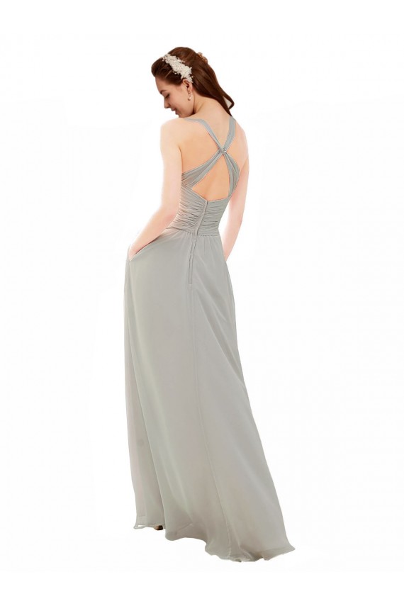 Soft Chiffon Criss Cross Back Long Spaghetti Straps Silver A-Line Bridesmaid Dress Sudbury