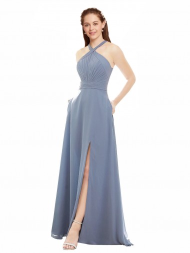 Soft Chiffon Long Halter Neck A-Line Evening Dress / Bridal Party Dress Sudbury