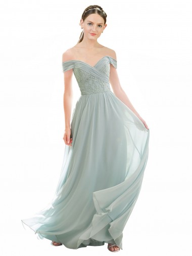 Soft Chiffon & Lace Long Off the Shoulder Sea Glass A-Line Bridesmaid Dress Sudbury
