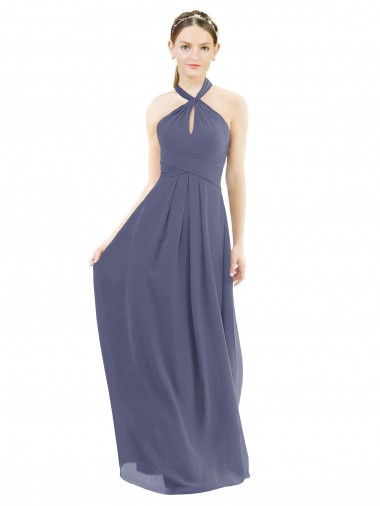 Soft Chiffon Low Back Long Halter Neck Silver Stone A-Line Bridesmaid Dress Sudbury