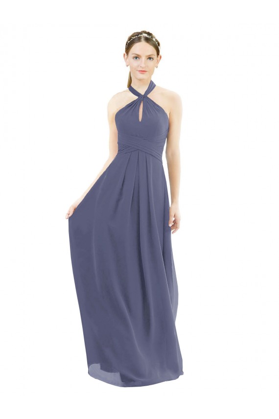 Soft Chiffon Low Back Long Halter Neck Silver Stone A-Line Bridesmaid Dress Sudbury