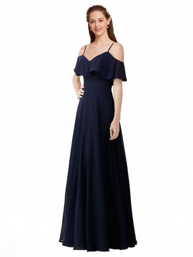 Soft Chiffon Long Off the Shoulder Dark Navy A-Line Bridesmaid Dress Sudbury