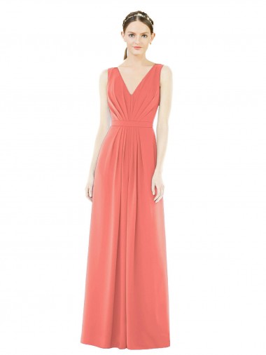 Soft Chiffon V-Back Long V-Neck Coral A-Line Bridesmaid Dress Sudbury
