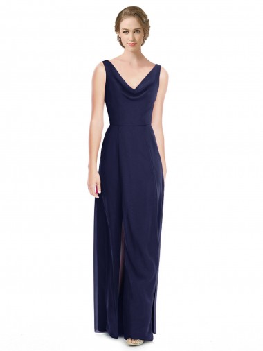 Soft Chiffon V-Back Long Cowl Neck Dark Navy A-Line Bridesmaid Dress Sudbury
