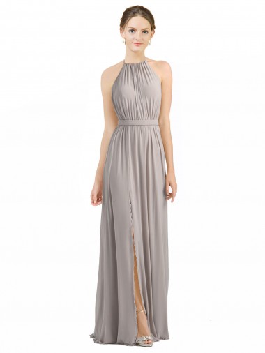 Soft Chiffon Open Back Long Halter Neck Oyster Silver A-Line Bridesmaid Dress Sudbury