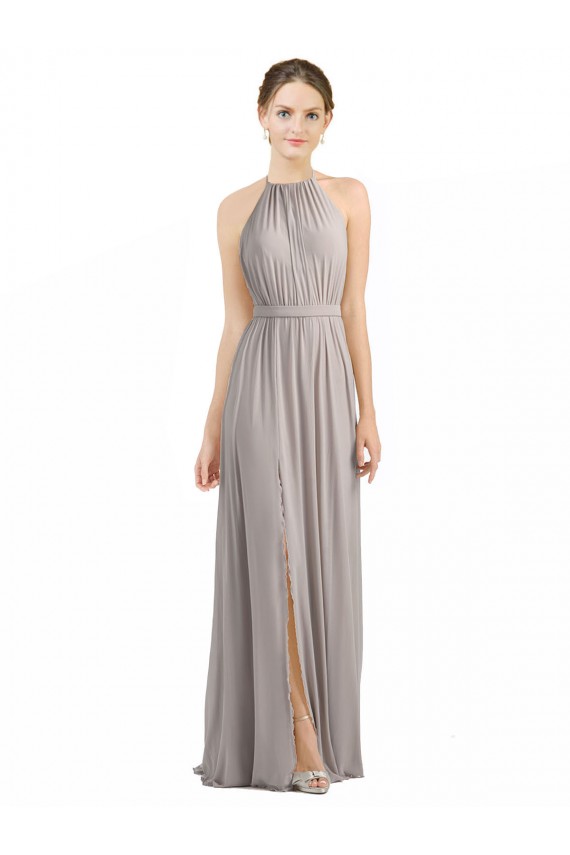Soft Chiffon Open Back Long Halter Neck Oyster Silver A-Line Bridesmaid Dress Sudbury