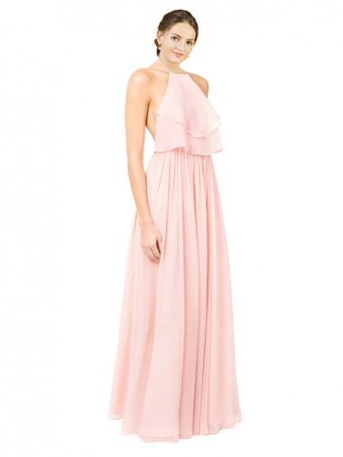 Soft Chiffon Open Back Long Halter Neck Pink A-Line Formal Dress / Bridesmaid Dress Sudbury