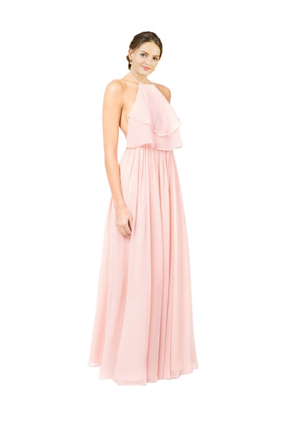 Soft Chiffon Open Back Long Halter Neck Pink A-Line Formal Dress / Bridesmaid Dress Sudbury