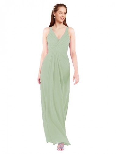 Soft Chiffon Keyhole Back Long V-Neck Smoke Green Sheath Bridesmaid Dress Sudbury