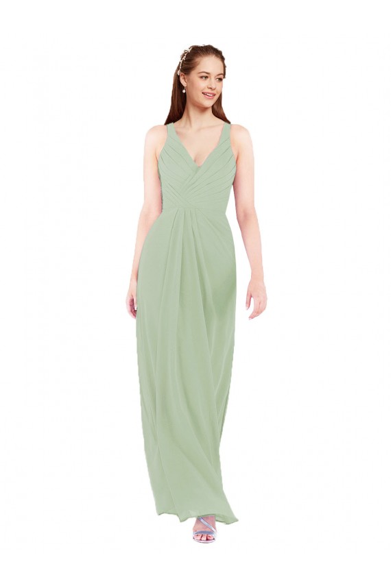 Soft Chiffon Keyhole Back Long V-Neck Smoke Green Sheath Bridesmaid Dress Sudbury