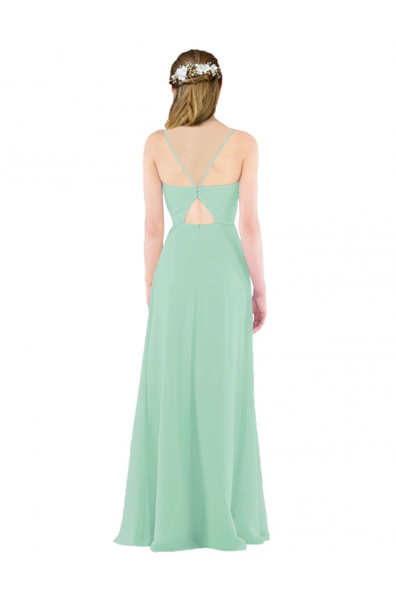 Soft Chiffon Keyhole Back Long V-Neck Mint Green Sheath Bridesmaid Dress Sudbury