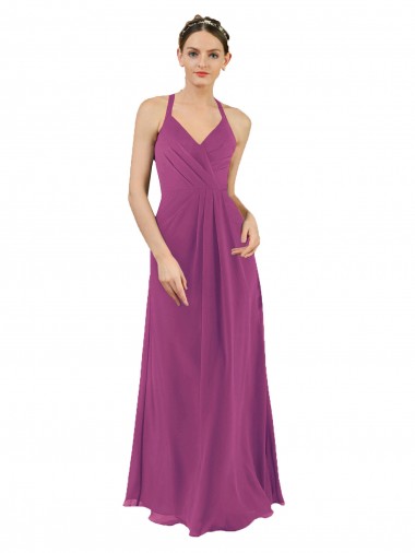Soft Chiffon Keyhole Back Long V-Neck Wild Berry Sheath Bridesmaid Dress Sudbury