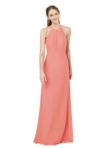 Soft Chiffon Keyhole Back Long Halter Neck Desert Rose Sheath Bridesmaid Dress Sudbury