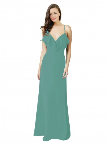 Soft Chiffon Long Spaghetti Straps Icelandic Silver A-Line Bridesmaid Gown Sudbury