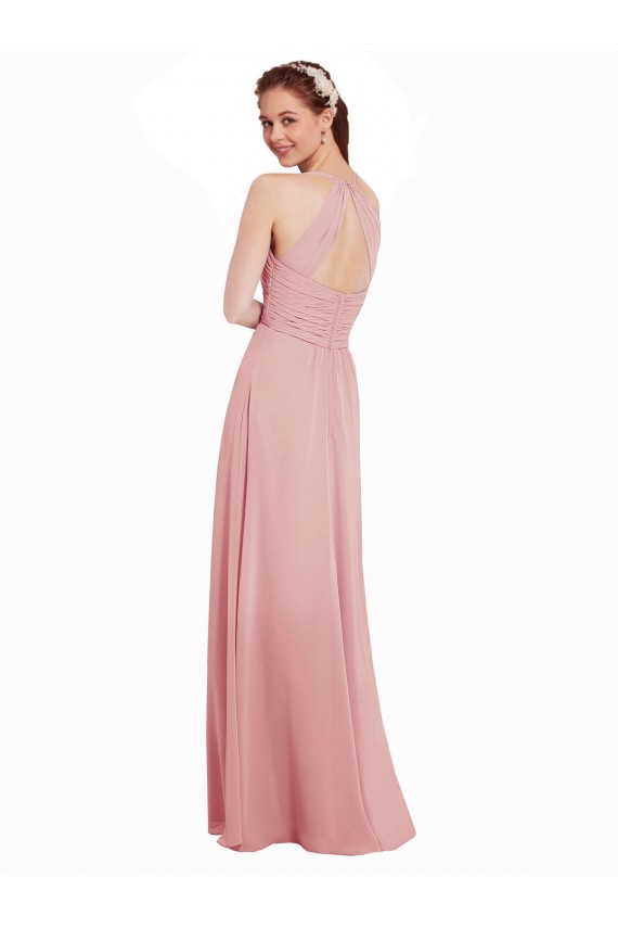 Soft Chiffon Keyhole Back Long Halter Neck Bliss Pink A-Line Bridesmaid Dress Sudbury