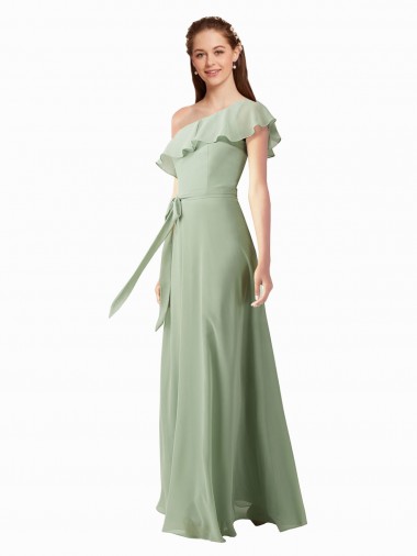 Soft Chiffon Long One Shoulder Smoke Green A-Line Bridesmaid Dress Sudbury