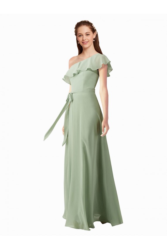 Soft Chiffon Long One Shoulder Smoke Green A-Line Bridesmaid Dress Sudbury