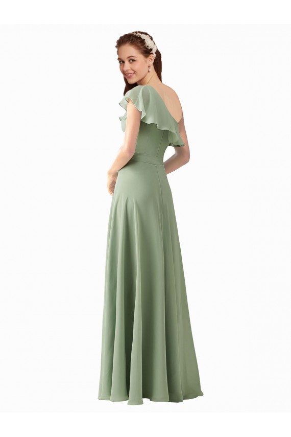 Soft Chiffon Long One Shoulder Smoke Green A-Line Bridesmaid Dress Sudbury