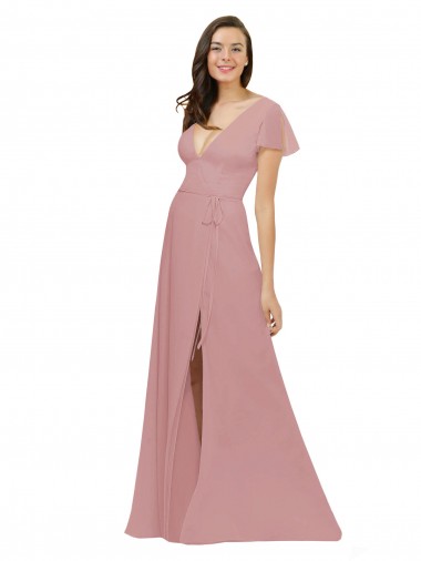 Chiffon V-Back Long V-Neck Dusty Pink A-Line Bridesmaid Dress / Evening Dress Sudbury