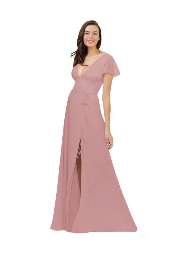 Chiffon V-Back Long V-Neck Dusty Pink A-Line Bridesmaid Dress / Evening Dress Sudbury
