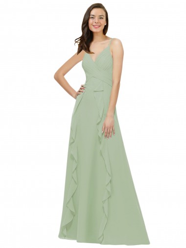 Soft Chiffon Long Spaghetti Straps Smoke Green A-Line Bridesmaid Dress Sudbury