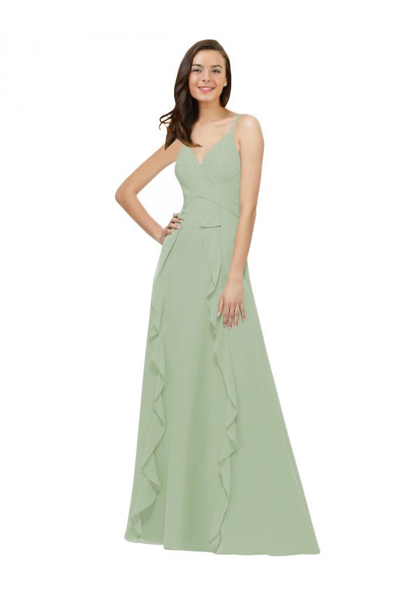 Soft Chiffon Long Spaghetti Straps Smoke Green A-Line Bridesmaid Dress Sudbury
