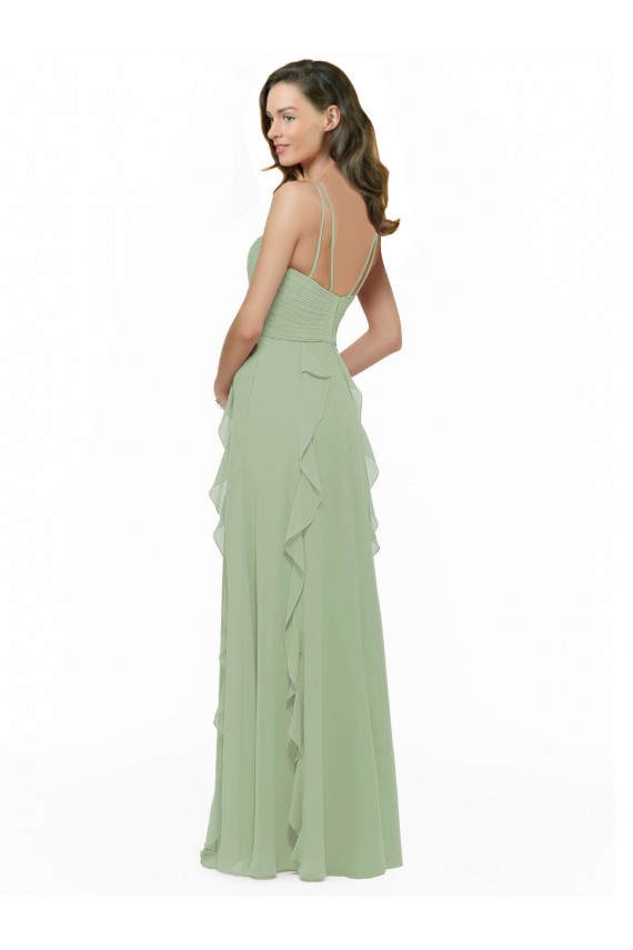 Soft Chiffon Long Spaghetti Straps Smoke Green A-Line Bridesmaid Dress Sudbury