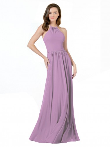 Soft Chiffon Long Halter Neck Dark Lavender A-Line Bridesmaid Dress Sudbury