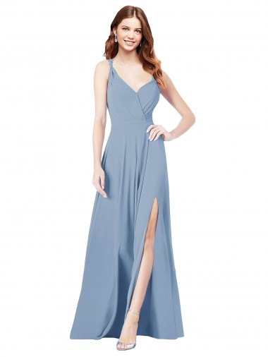 Soft Chiffon Keyhole Back Long Spaghetti Straps Dusty Blue A-Line Formal Dress / Bridesmaid Dress Sudbury