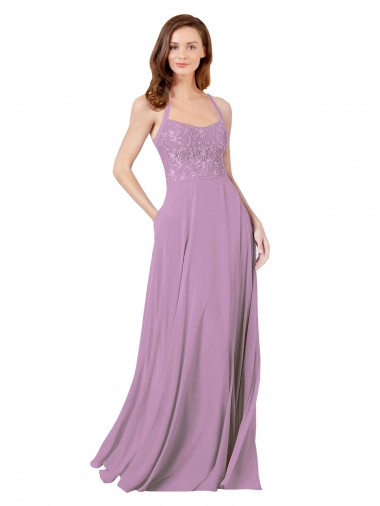 Soft Chiffon & Lace Long Spaghetti Straps Dark Lavender A-Line Bridesmaid Dress Sudbury