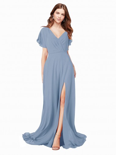 Soft Chiffon Long V-Neck A-Line Black Tie Prom Dress / Bridesmaid Dress Sudbury