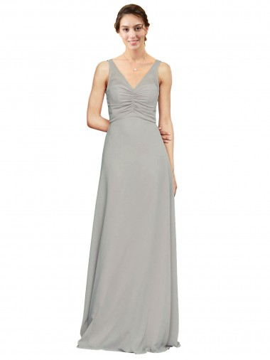 Soft Chiffon Long V-Neck Silver A-Line Bridesmaid Dress Sudbury