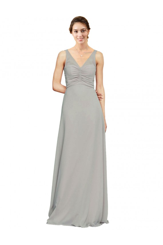 Soft Chiffon Long V-Neck Silver A-Line Bridesmaid Dress Sudbury