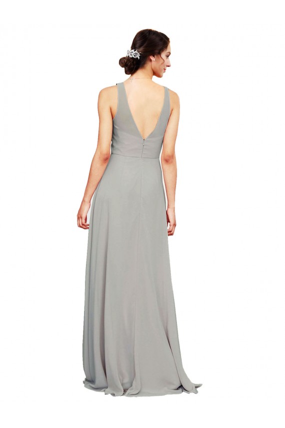 Soft Chiffon Long V-Neck Silver A-Line Bridesmaid Dress Sudbury