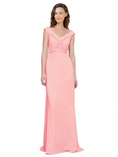 Soft Chiffon Long V-Neck Salmon A-Line Bridesmaid Dress Sudbury