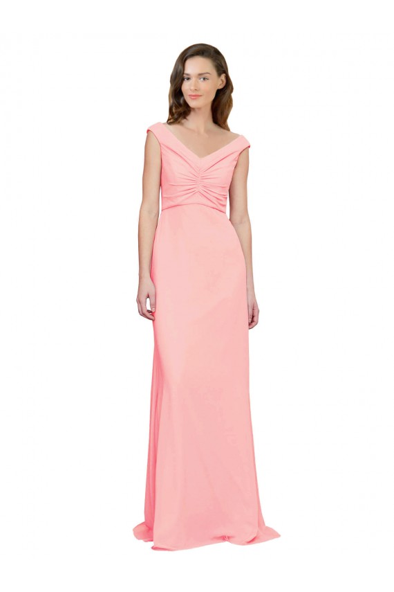Soft Chiffon Long V-Neck Salmon A-Line Bridesmaid Dress Sudbury