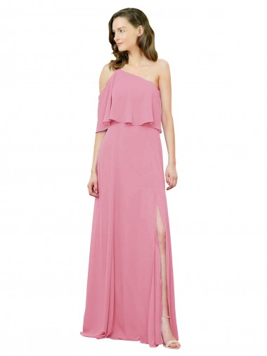 Soft Chiffon Long One Shoulder Skin Pink A-Line Bridal Party Dress Sudbury