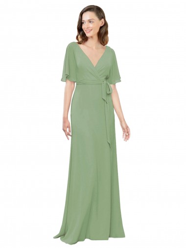 Soft Chiffon Long V-Neck Seagrass A-Line Bridesmaid Dress Sudbury